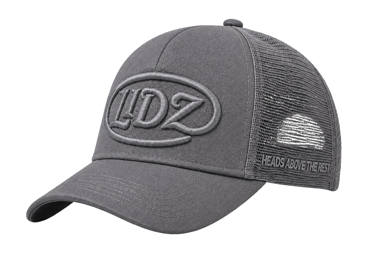 Concrete grey LIDZ trucker cap, original three-quarter view