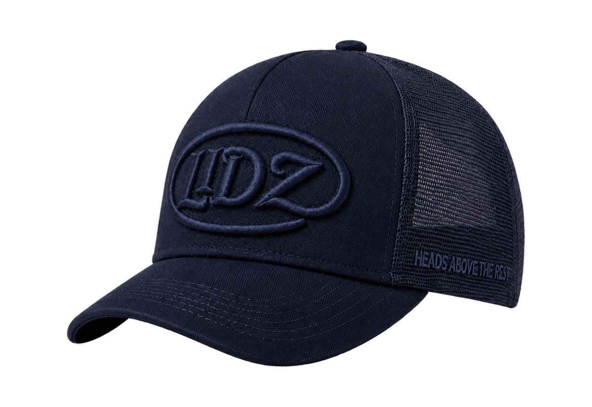 Deep navy LIDZ trucker cap, original three-quarter view