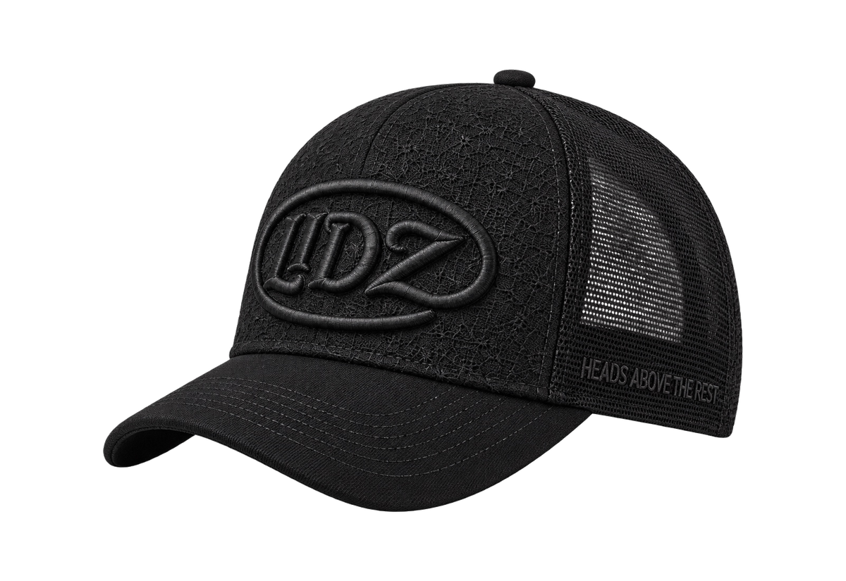 Midnight black LIDZ trucker cap, original three-quarter view