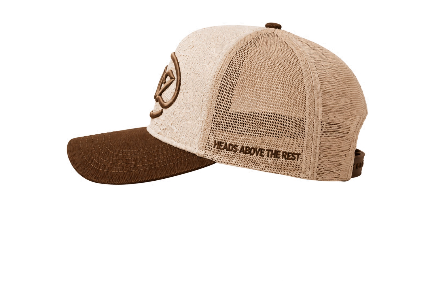 Bone and brown LIDZ cap, side view