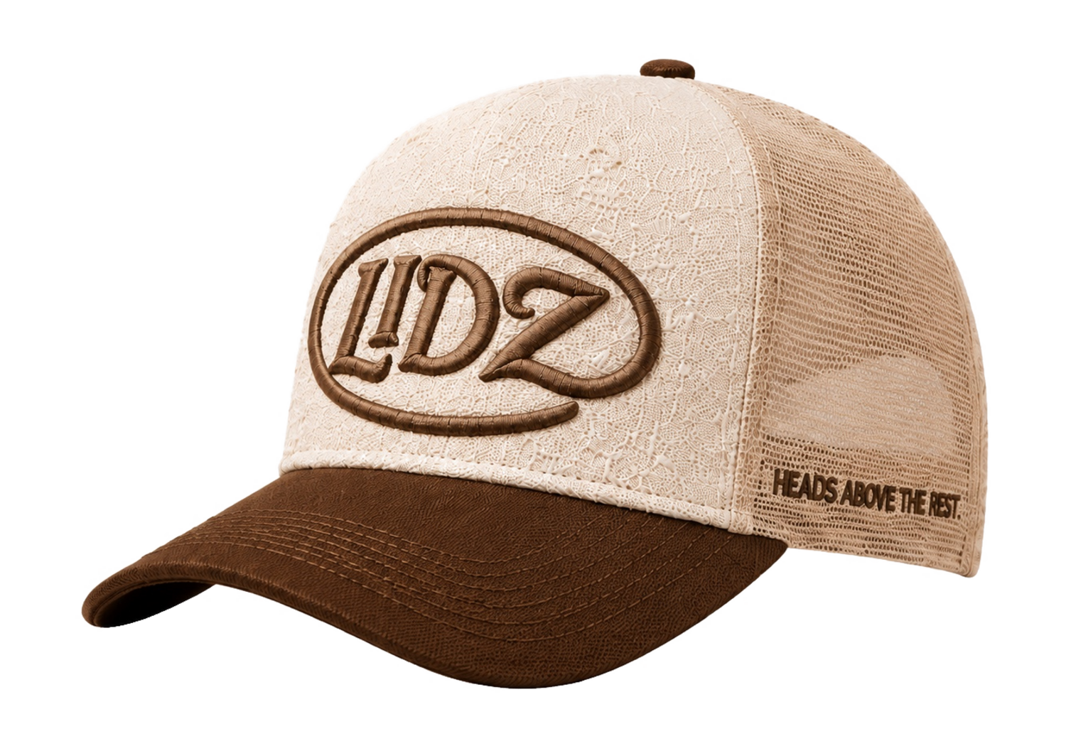 Bone and brown LIDZ cap, three-quarter view