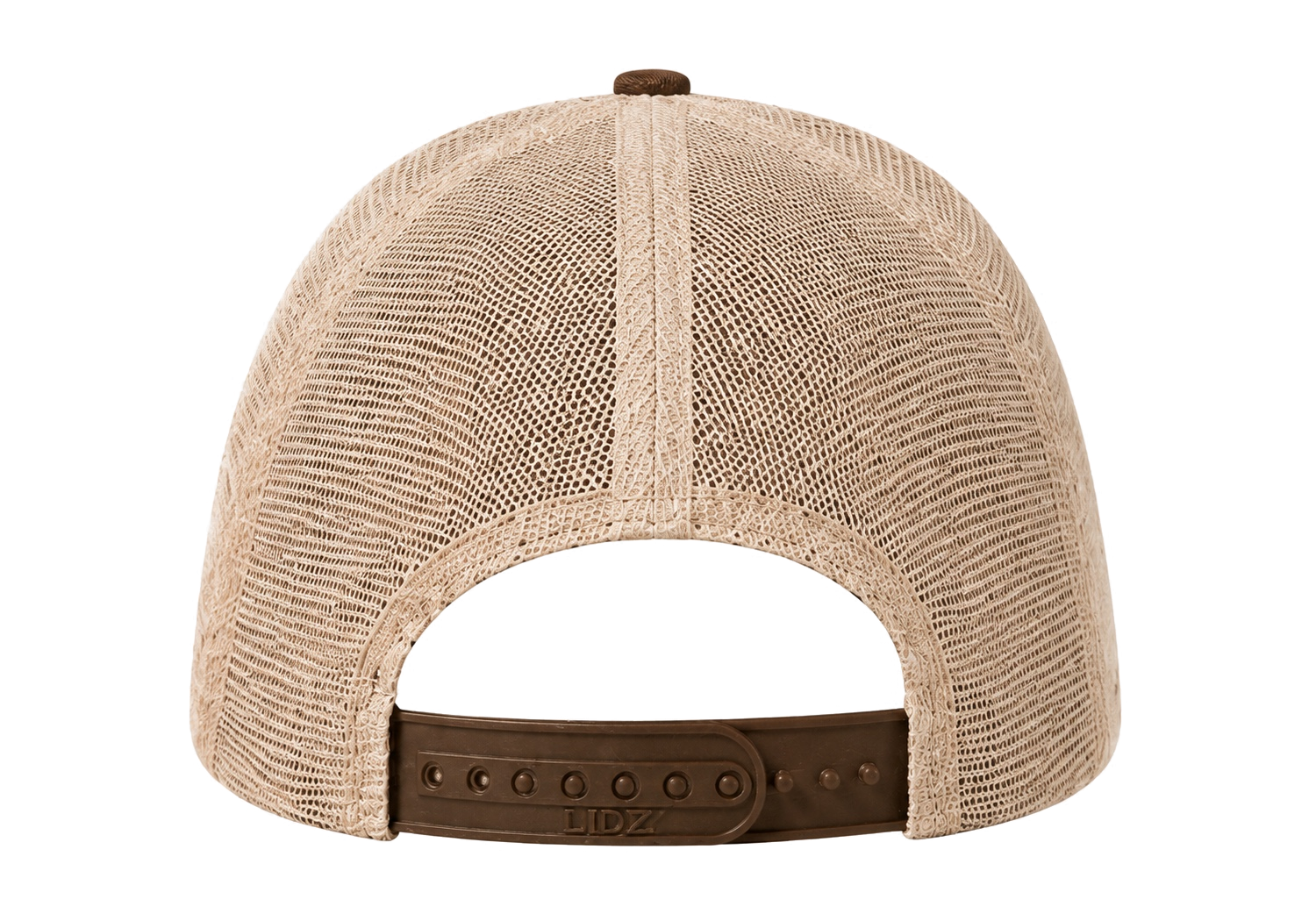 Bone and brown LIDZ cap, back view