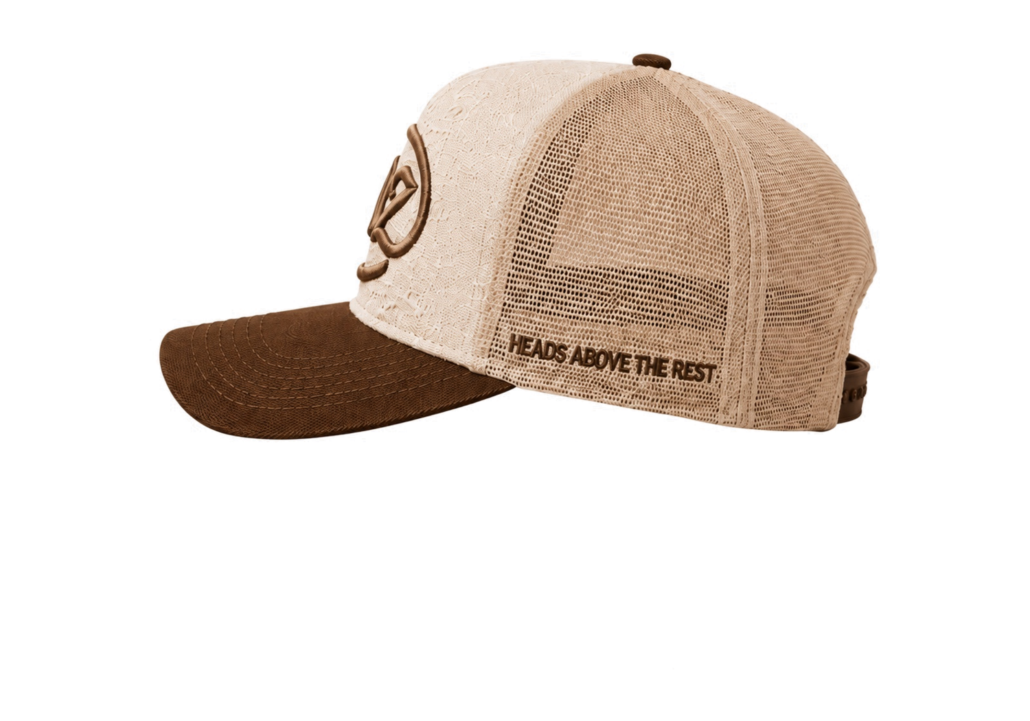 Bone and brown LIDZ cap, side view