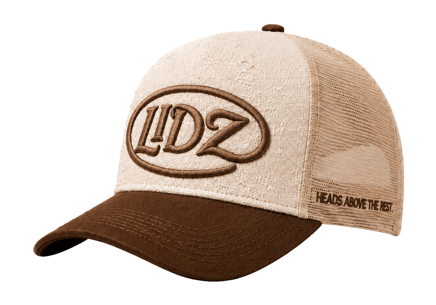 Bone and brown LIDZ cap, three-quarter view